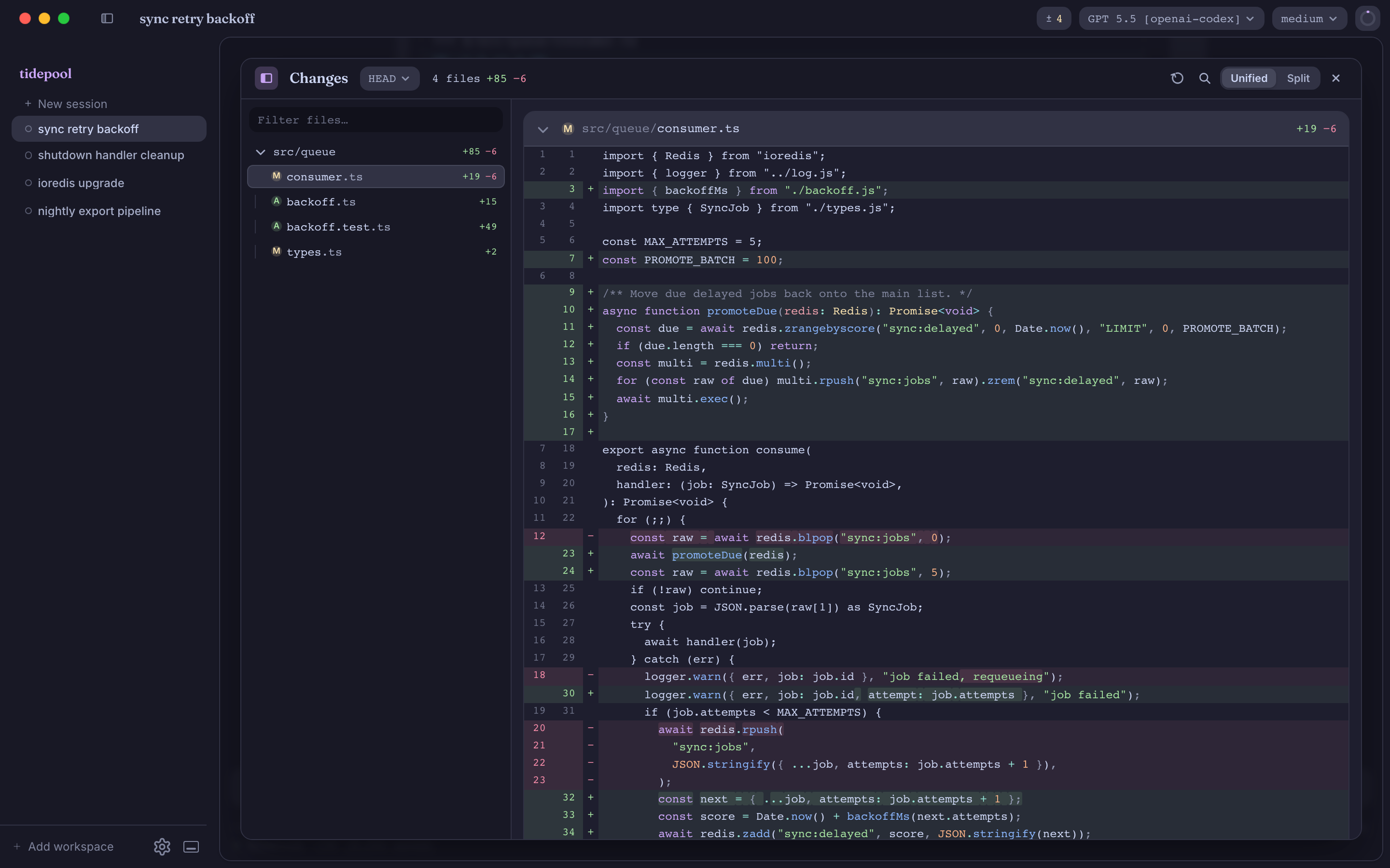 The Pi-Vis diff viewer: a file tree rail with insertion and deletion counts, and a unified syntax-highlighted diff of a TypeScript file