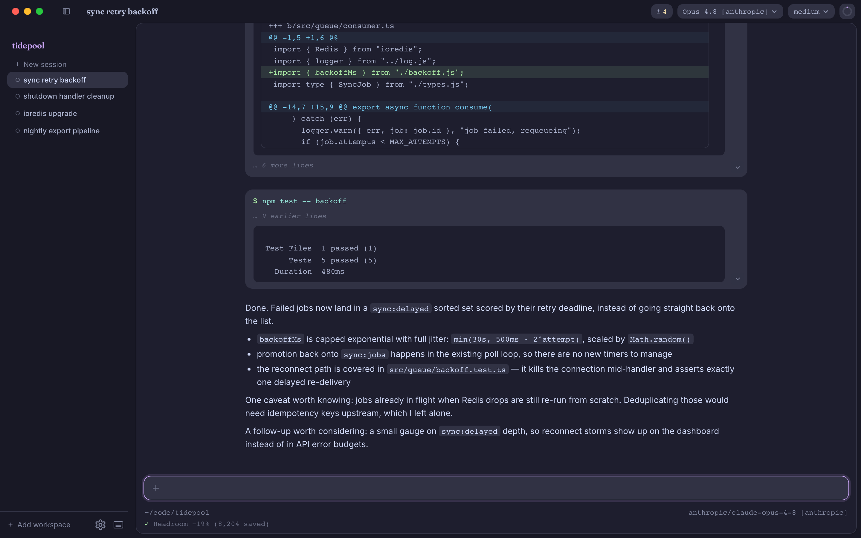 Pi-Vis running a session: sidebar with several sessions, a transcript showing an edit diff, a test run, and the agent's summary