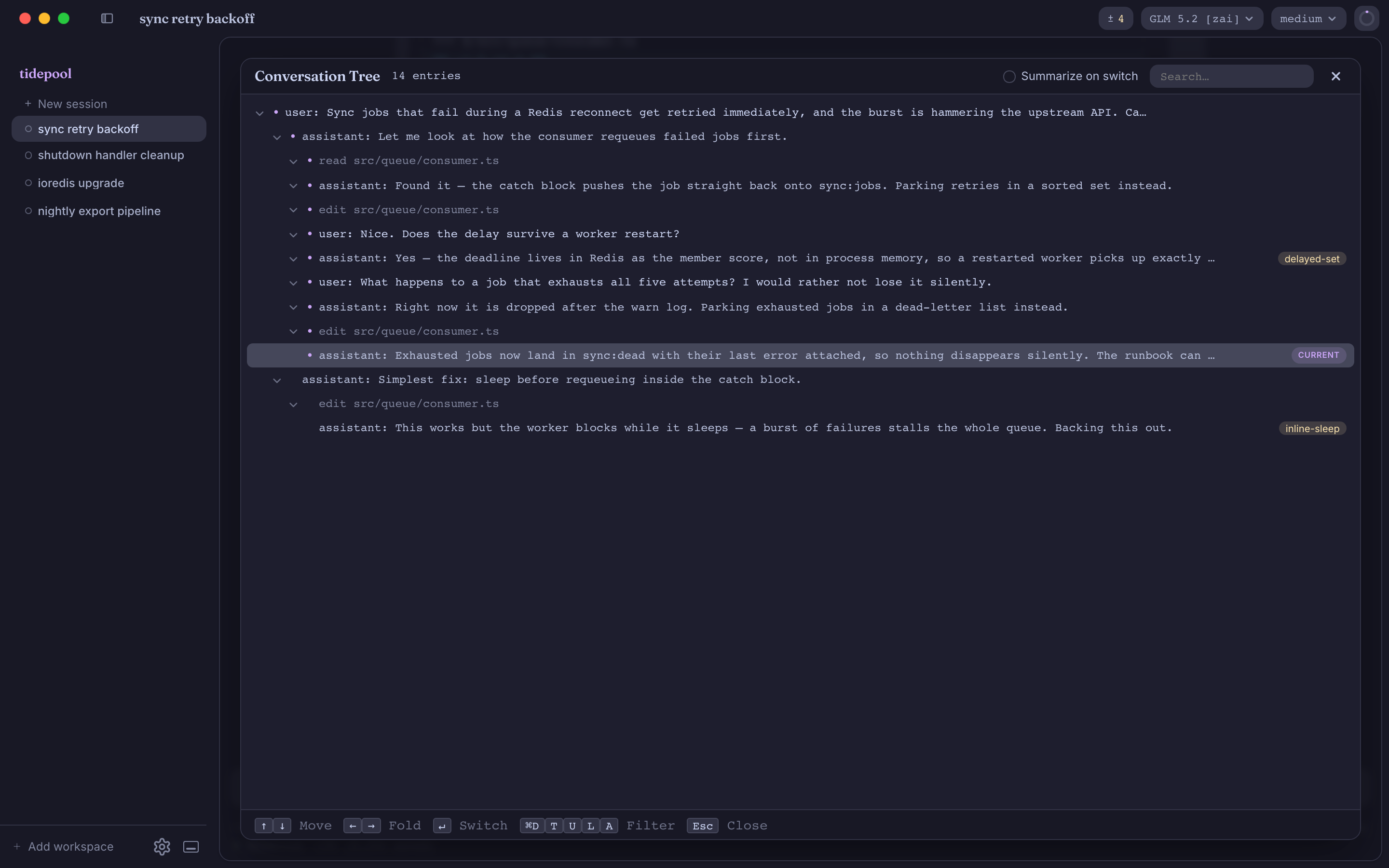 The conversation tree view: a flat active path with one labeled abandoned branch, and keyboard hints in the footer